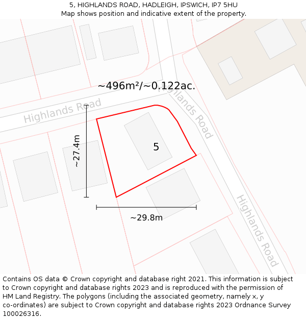 5, HIGHLANDS ROAD, HADLEIGH, IPSWICH, IP7 5HU: Plot and title map