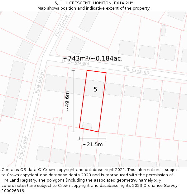 5, HILL CRESCENT, HONITON, EX14 2HY: Plot and title map