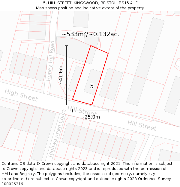 5, HILL STREET, KINGSWOOD, BRISTOL, BS15 4HF: Plot and title map