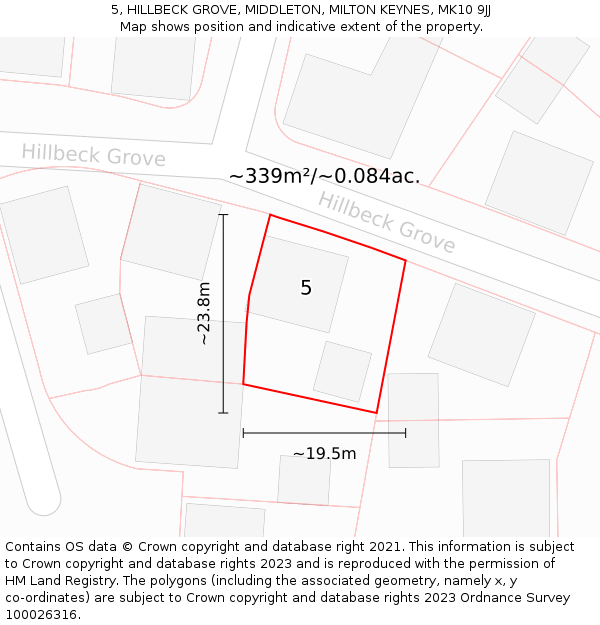 5, HILLBECK GROVE, MIDDLETON, MILTON KEYNES, MK10 9JJ: Plot and title map