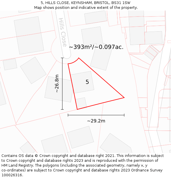 5, HILLS CLOSE, KEYNSHAM, BRISTOL, BS31 1SW: Plot and title map