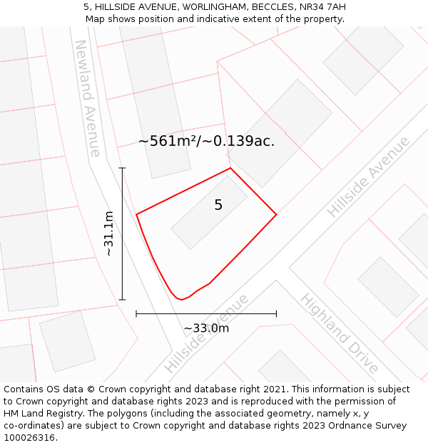 5, HILLSIDE AVENUE, WORLINGHAM, BECCLES, NR34 7AH: Plot and title map
