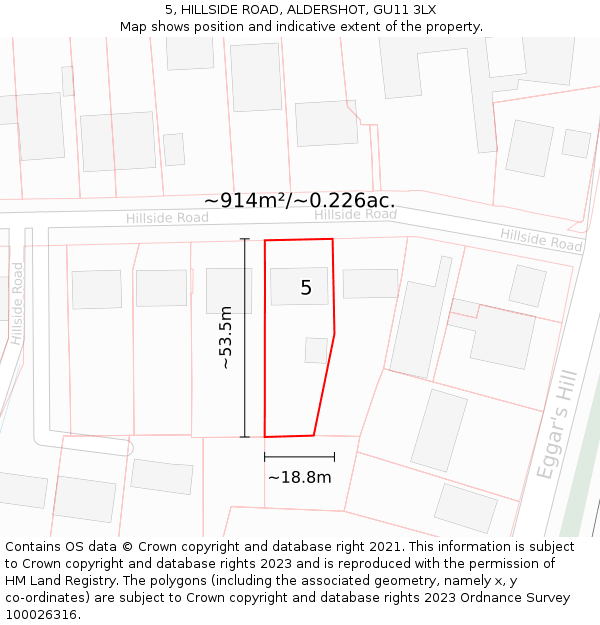 5, HILLSIDE ROAD, ALDERSHOT, GU11 3LX: Plot and title map