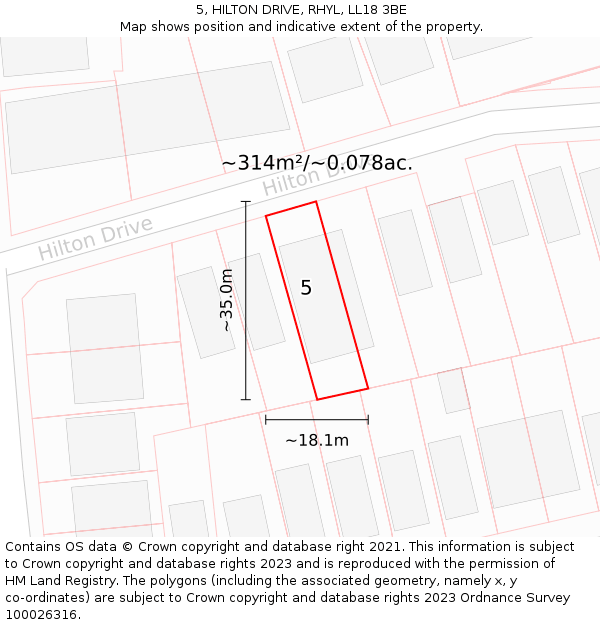 5, HILTON DRIVE, RHYL, LL18 3BE: Plot and title map