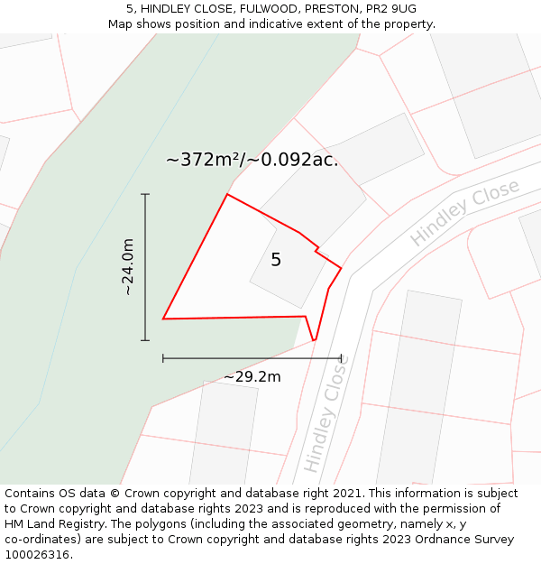 5, HINDLEY CLOSE, FULWOOD, PRESTON, PR2 9UG: Plot and title map