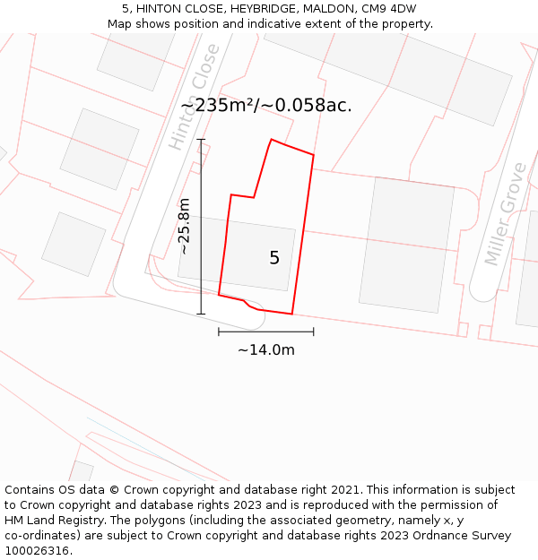 5, HINTON CLOSE, HEYBRIDGE, MALDON, CM9 4DW: Plot and title map