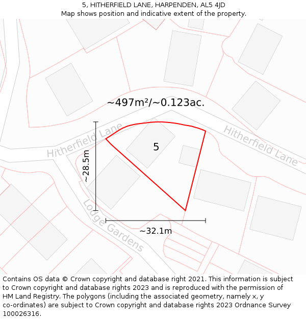 5, HITHERFIELD LANE, HARPENDEN, AL5 4JD: Plot and title map