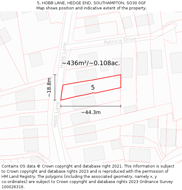 5, HOBB LANE, HEDGE END, SOUTHAMPTON, SO30 0GF: Plot and title map