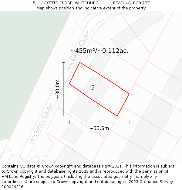 5, HOCKETTS CLOSE, WHITCHURCH HILL, READING, RG8 7PZ: Plot and title map