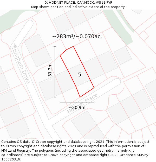 5, HODNET PLACE, CANNOCK, WS11 7YF: Plot and title map