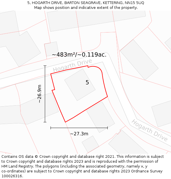 5, HOGARTH DRIVE, BARTON SEAGRAVE, KETTERING, NN15 5UQ: Plot and title map