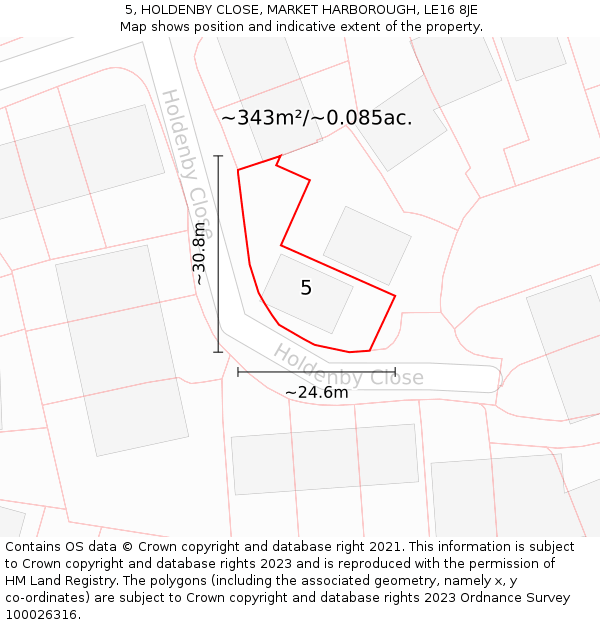 5, HOLDENBY CLOSE, MARKET HARBOROUGH, LE16 8JE: Plot and title map