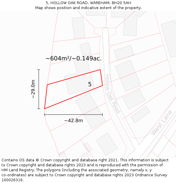 5, HOLLOW OAK ROAD, WAREHAM, BH20 5AH: Plot and title map