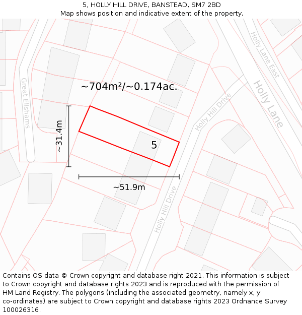 5, HOLLY HILL DRIVE, BANSTEAD, SM7 2BD: Plot and title map