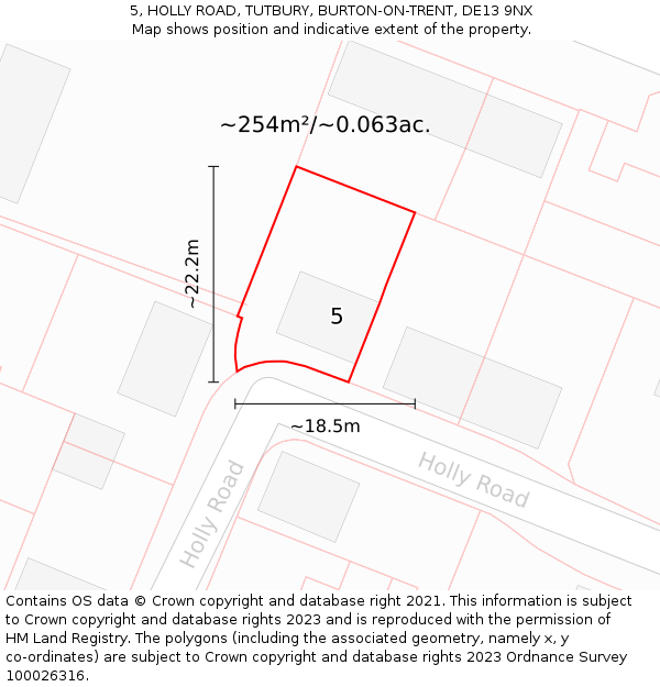 5, HOLLY ROAD, TUTBURY, BURTON-ON-TRENT, DE13 9NX: Plot and title map