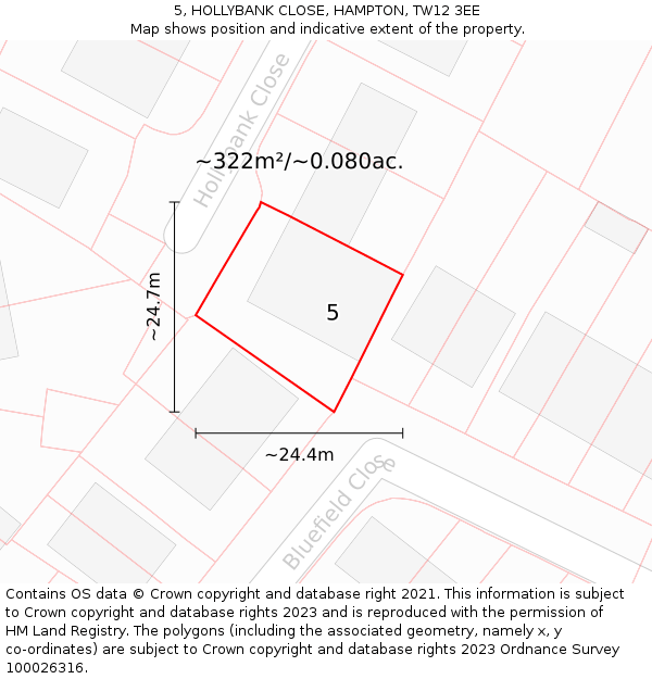 5, HOLLYBANK CLOSE, HAMPTON, TW12 3EE: Plot and title map