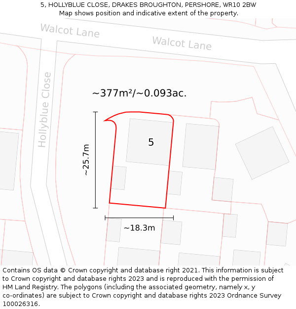 5, HOLLYBLUE CLOSE, DRAKES BROUGHTON, PERSHORE, WR10 2BW: Plot and title map