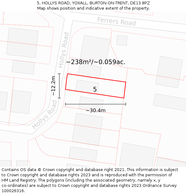 5, HOLLYS ROAD, YOXALL, BURTON-ON-TRENT, DE13 8PZ: Plot and title map