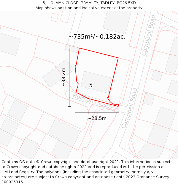 5, HOLMAN CLOSE, BRAMLEY, TADLEY, RG26 5XD: Plot and title map