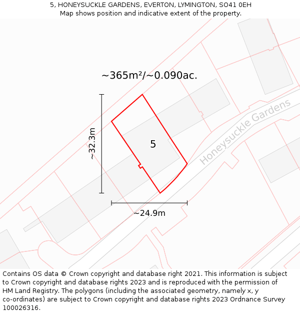 5, HONEYSUCKLE GARDENS, EVERTON, LYMINGTON, SO41 0EH: Plot and title map