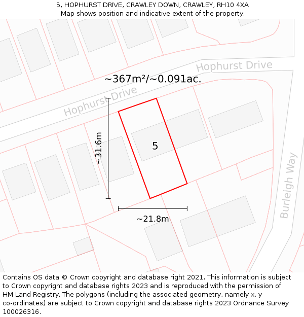 5, HOPHURST DRIVE, CRAWLEY DOWN, CRAWLEY, RH10 4XA: Plot and title map