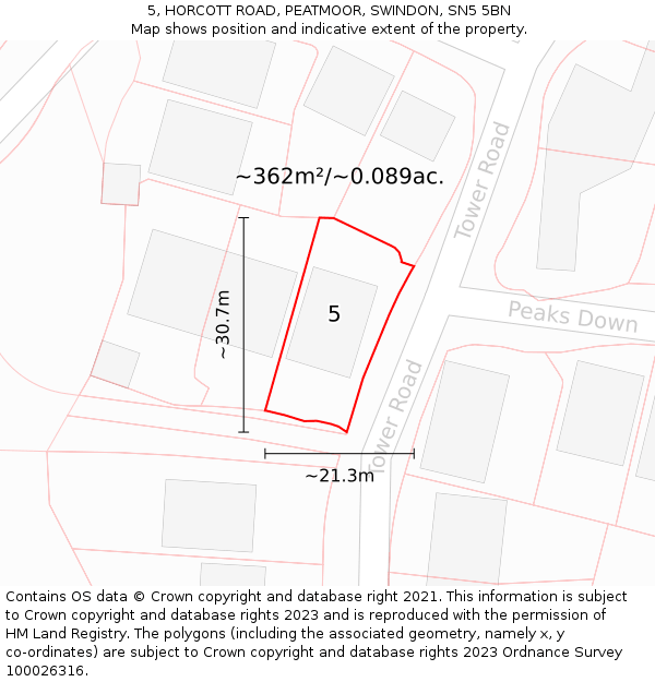 5, HORCOTT ROAD, PEATMOOR, SWINDON, SN5 5BN: Plot and title map