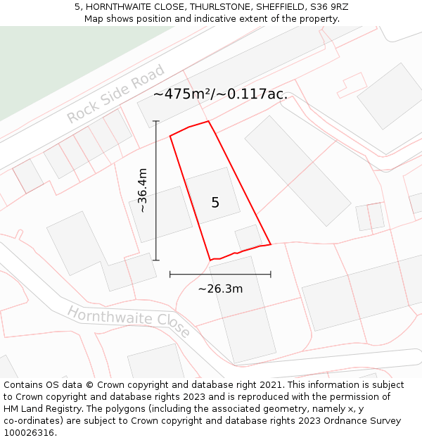 5, HORNTHWAITE CLOSE, THURLSTONE, SHEFFIELD, S36 9RZ: Plot and title map