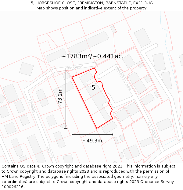 5, HORSESHOE CLOSE, FREMINGTON, BARNSTAPLE, EX31 3UG: Plot and title map