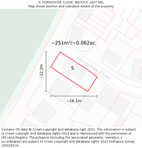 5, HORSESHOE CLOSE, IBSTOCK, LE67 6AL: Plot and title map