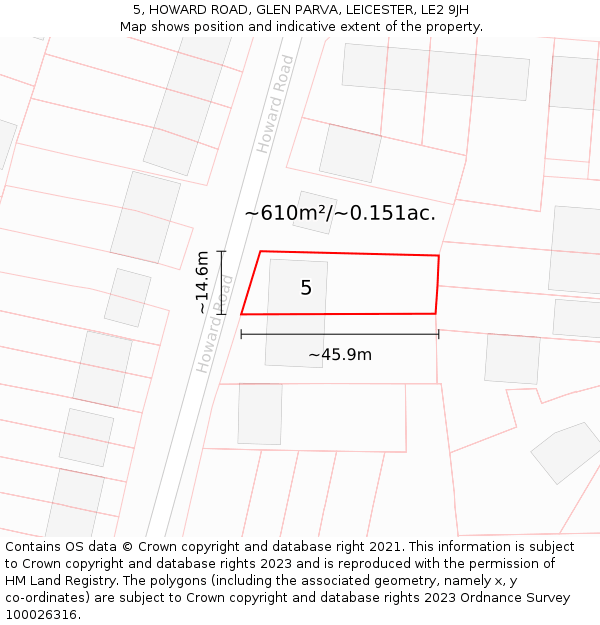 5, HOWARD ROAD, GLEN PARVA, LEICESTER, LE2 9JH: Plot and title map