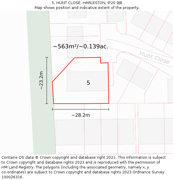 5, HUNT CLOSE, HARLESTON, IP20 9JB: Plot and title map