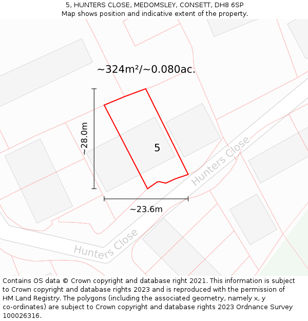 5, HUNTERS CLOSE, MEDOMSLEY, CONSETT, DH8 6SP: Plot and title map