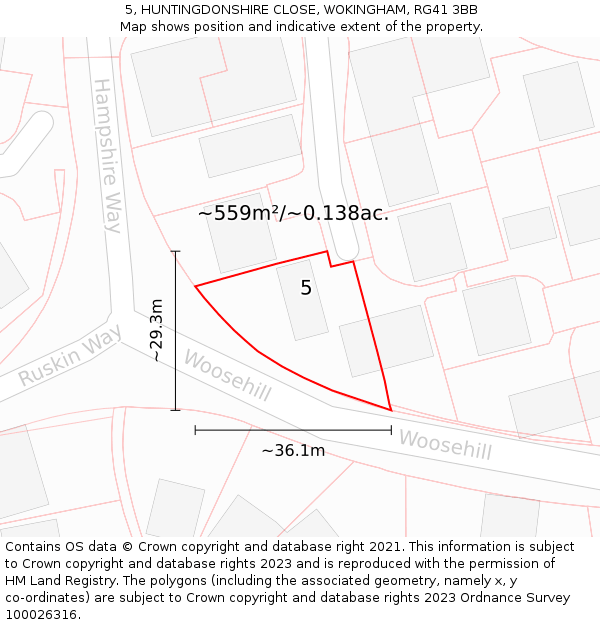 5, HUNTINGDONSHIRE CLOSE, WOKINGHAM, RG41 3BB: Plot and title map