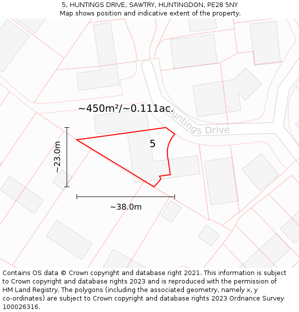 5, HUNTINGS DRIVE, SAWTRY, HUNTINGDON, PE28 5NY: Plot and title map