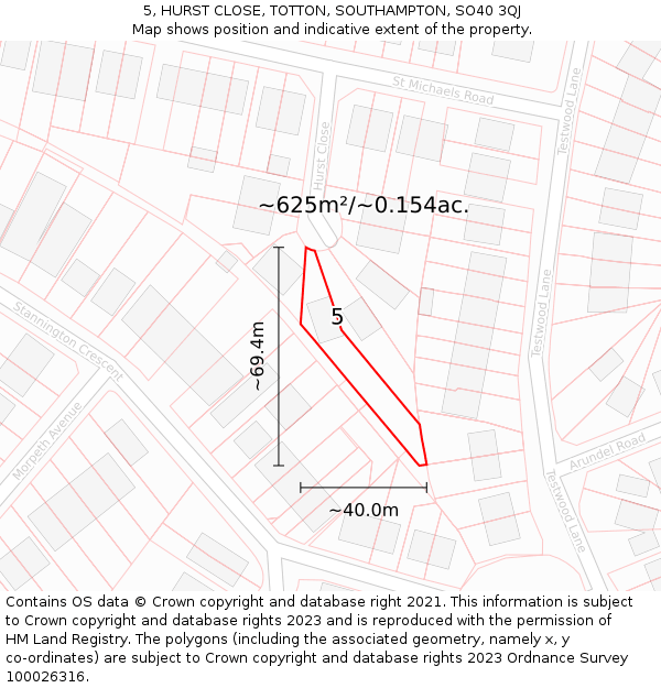 5, HURST CLOSE, TOTTON, SOUTHAMPTON, SO40 3QJ: Plot and title map