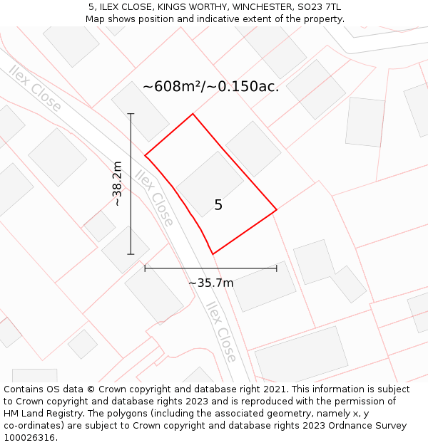 5, ILEX CLOSE, KINGS WORTHY, WINCHESTER, SO23 7TL: Plot and title map