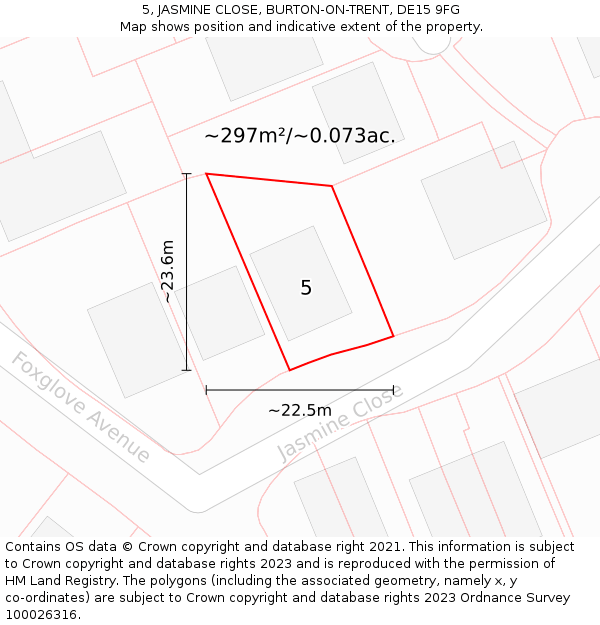 5, JASMINE CLOSE, BURTON-ON-TRENT, DE15 9FG: Plot and title map