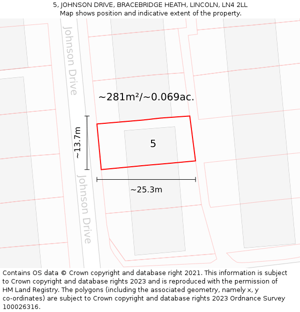 5, JOHNSON DRIVE, BRACEBRIDGE HEATH, LINCOLN, LN4 2LL: Plot and title map