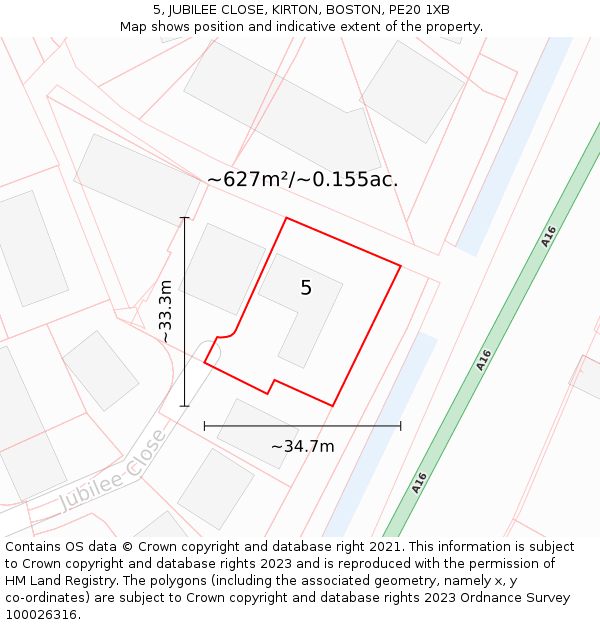 5, JUBILEE CLOSE, KIRTON, BOSTON, PE20 1XB: Plot and title map