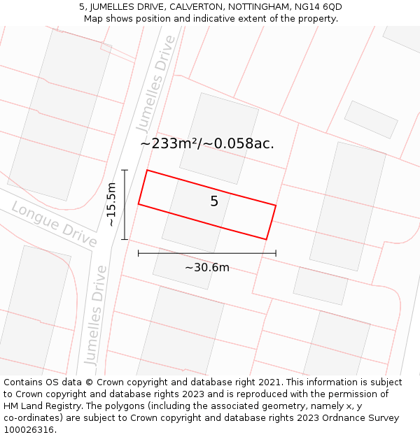 5, JUMELLES DRIVE, CALVERTON, NOTTINGHAM, NG14 6QD: Plot and title map