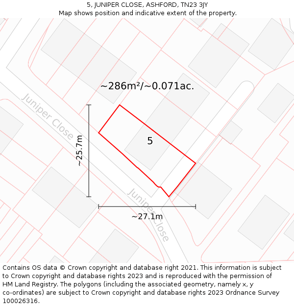 5, JUNIPER CLOSE, ASHFORD, TN23 3JY: Plot and title map