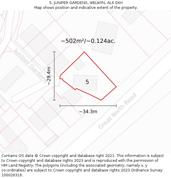 5, JUNIPER GARDENS, WELWYN, AL6 0XH: Plot and title map