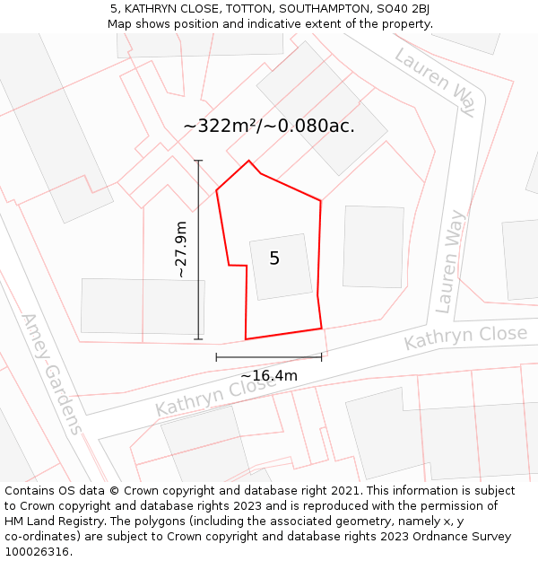 5, KATHRYN CLOSE, TOTTON, SOUTHAMPTON, SO40 2BJ: Plot and title map