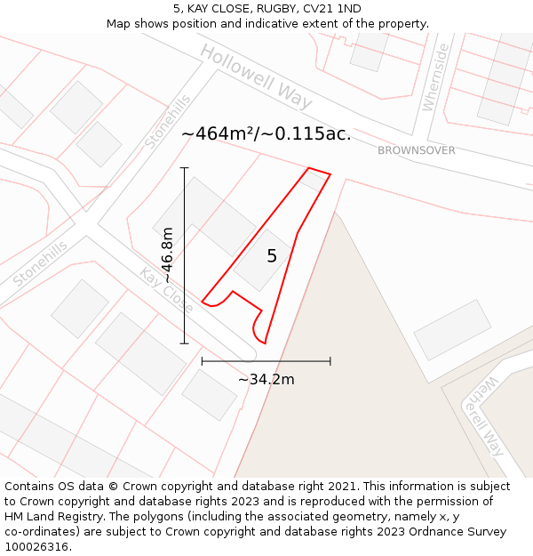 5, KAY CLOSE, RUGBY, CV21 1ND: Plot and title map