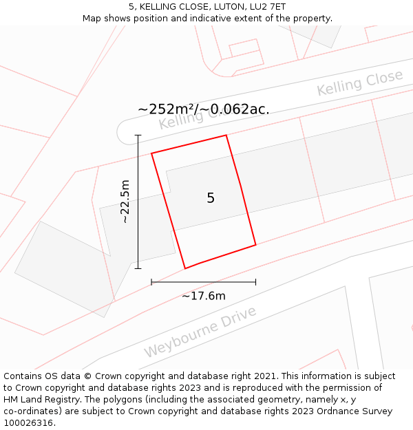 5, KELLING CLOSE, LUTON, LU2 7ET: Plot and title map