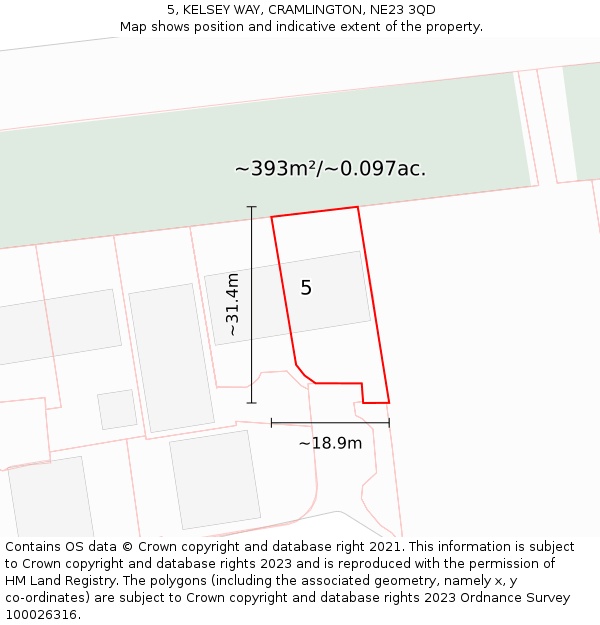 5, KELSEY WAY, CRAMLINGTON, NE23 3QD: Plot and title map