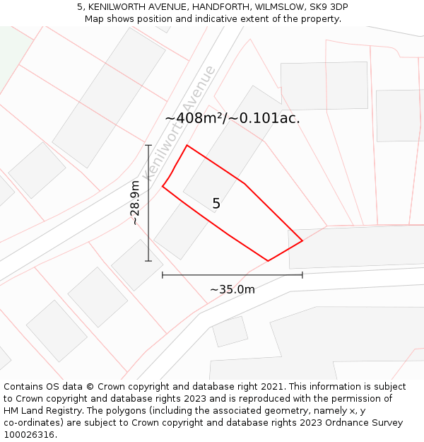 5, KENILWORTH AVENUE, HANDFORTH, WILMSLOW, SK9 3DP: Plot and title map