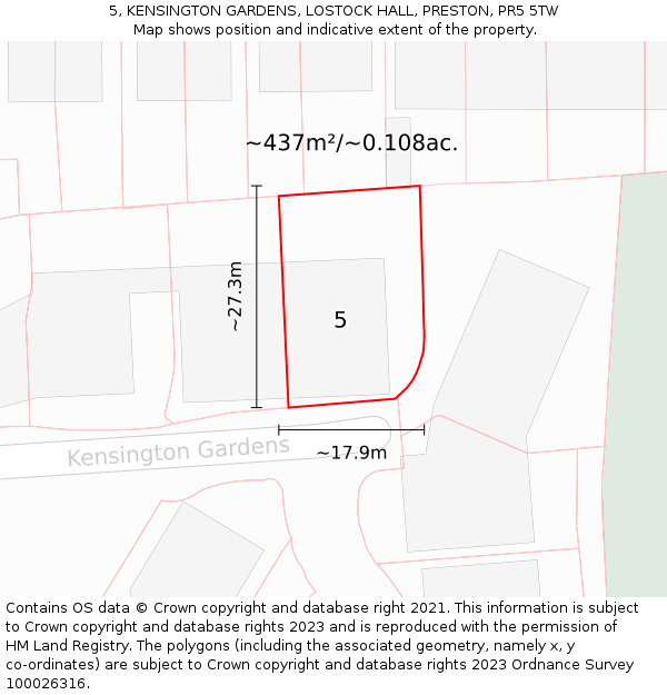 5, KENSINGTON GARDENS, LOSTOCK HALL, PRESTON, PR5 5TW: Plot and title map