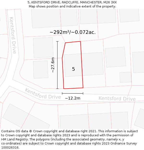 5, KENTSFORD DRIVE, RADCLIFFE, MANCHESTER, M26 3XX: Plot and title map