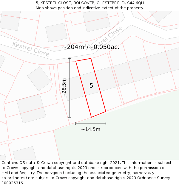 5, KESTREL CLOSE, BOLSOVER, CHESTERFIELD, S44 6QH: Plot and title map